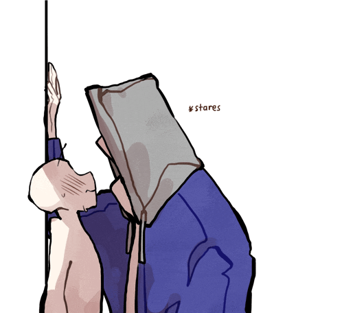 a drawing of a person with a bag on their head and the word stares below them