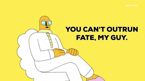 a cartoon of a man sitting on a cloud with the words you can 't outrun fate my guy