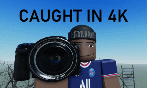 a cartoon character holding a camera with the words caught in 4k above him