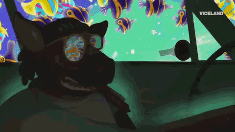 a dog wearing sunglasses and a hat is looking at fish in a viceland video game