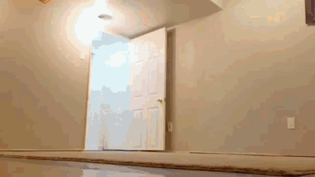 a door is open in an empty room with a carpeted floor .