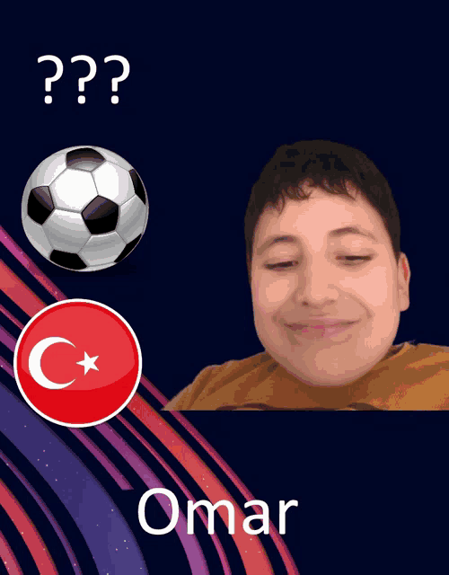 a boy with a soccer ball in the background and the name omar