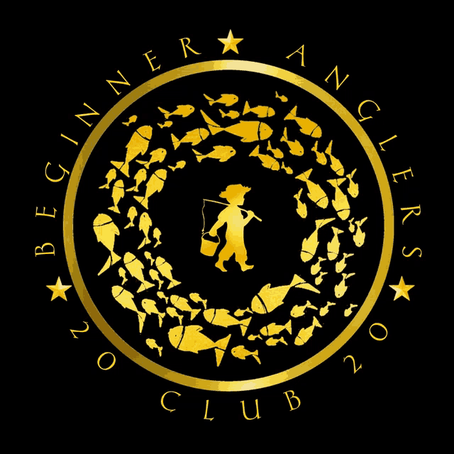 a logo for the beginner anglers club shows a man with a fishing rod