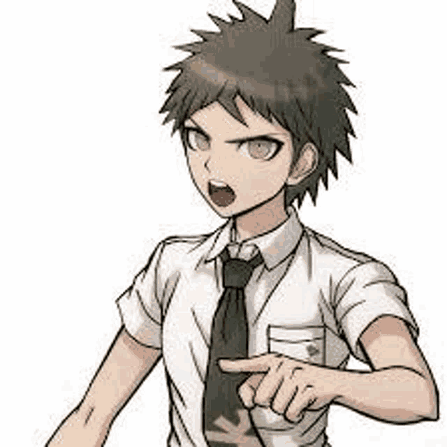 a boy in a school uniform and tie is pointing at something .