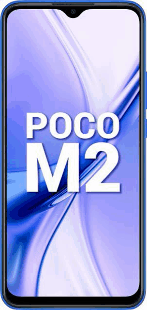 a blue poco m2 cell phone with a purple background