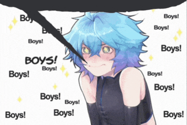 a girl with blue hair is surrounded by boys stickers