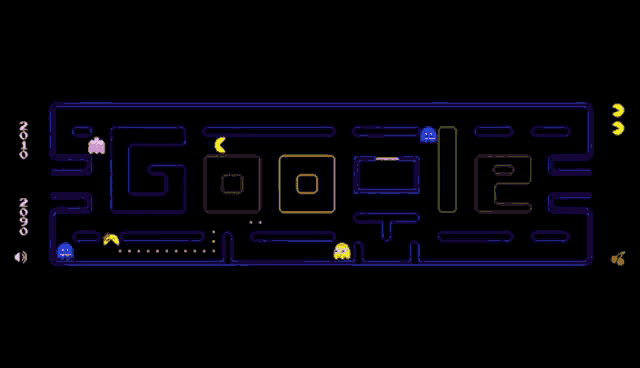 a screenshot of a pac man game with the word google in the middle