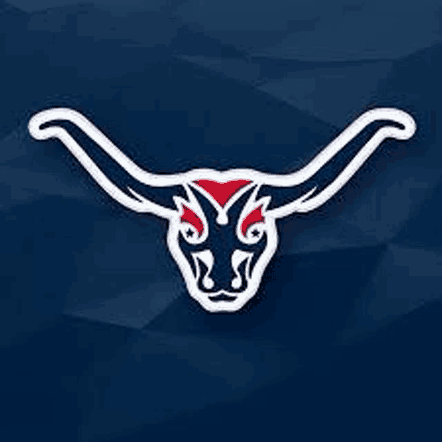 a bull 's head with long horns and a cross on a blue background .