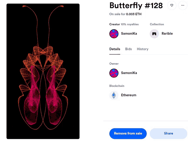 butterfly # 128 is on sale for 0.003 eth and has a blue share button