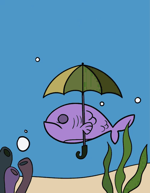 a cartoon of a fish holding an umbrella and a bottle of water