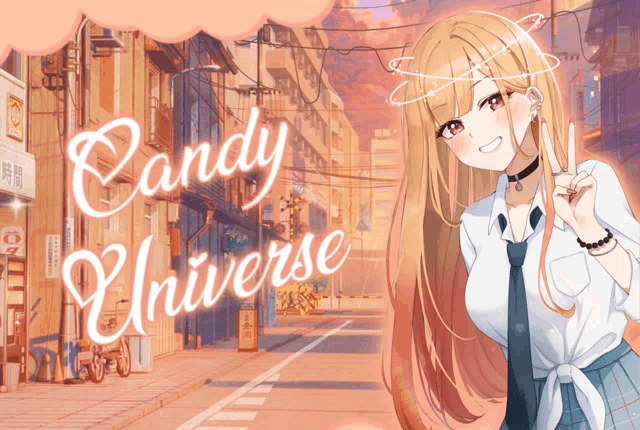 a candy universe poster with a girl in a school uniform