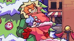 a cartoon of a man and a woman kissing in front of a christmas tree .