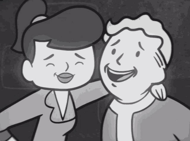 a black and white drawing of a man and a woman smiling