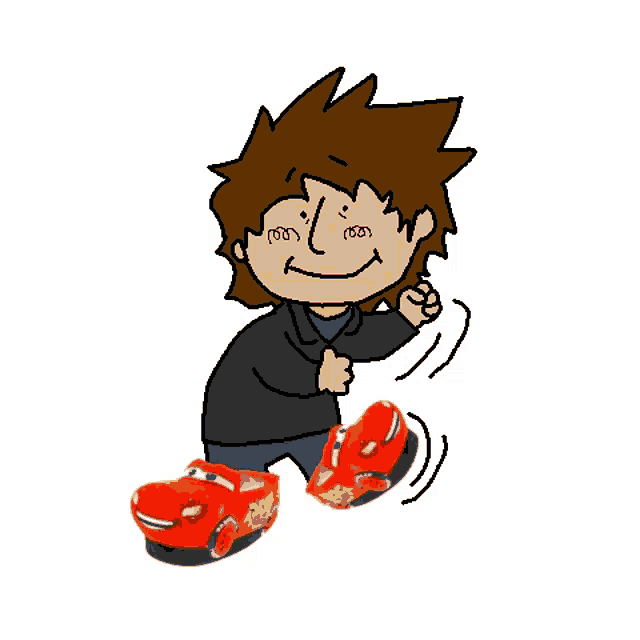 a cartoon character wearing a pair of lightning mcqueen slippers