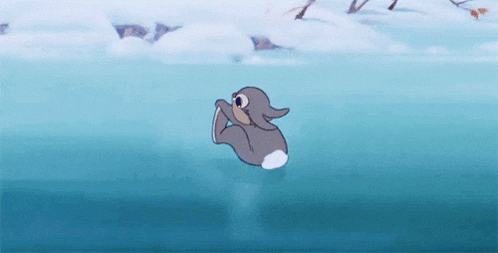 a cartoon rabbit is swimming in a lake .