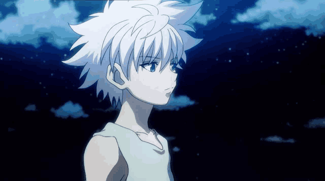 a young boy with white hair and blue eyes stands in front of a dark sky