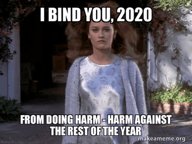 a woman is standing in front of a building with a meme that says i bind you 2020 from doing harm - harm against