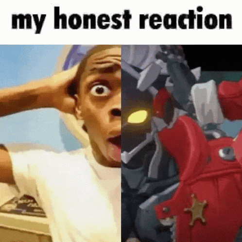 a man is making a funny face next to a picture of a robot and the words `` my honest reaction '' .