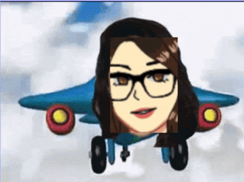 a cartoon of a woman wearing glasses and a blue airplane