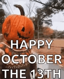 a person with a pumpkin on their head is walking down a street .