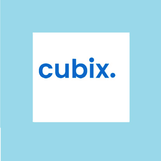 a blue and white logo for cubix on a light blue background