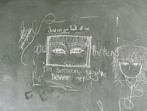 a chalkboard with a drawing of a face and the words " and pretend "