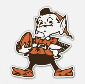 a cleveland browns elf holding a football on a white background