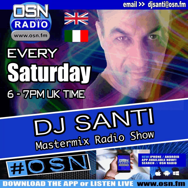 a poster for osn radio featuring dj santi on saturday