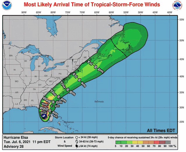 a map showing the arrival time of tropical storm force winds