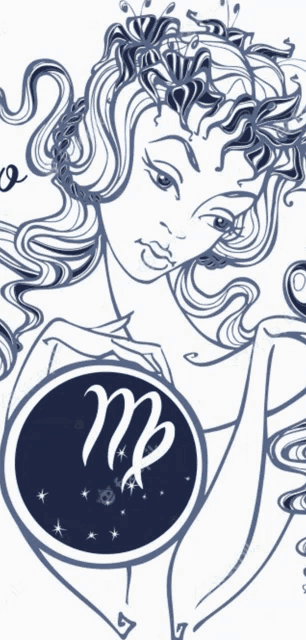 a black and white drawing of a woman with a virgo sign on her chest