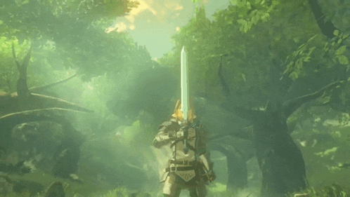 a person in a video game holding a sword in front of their face