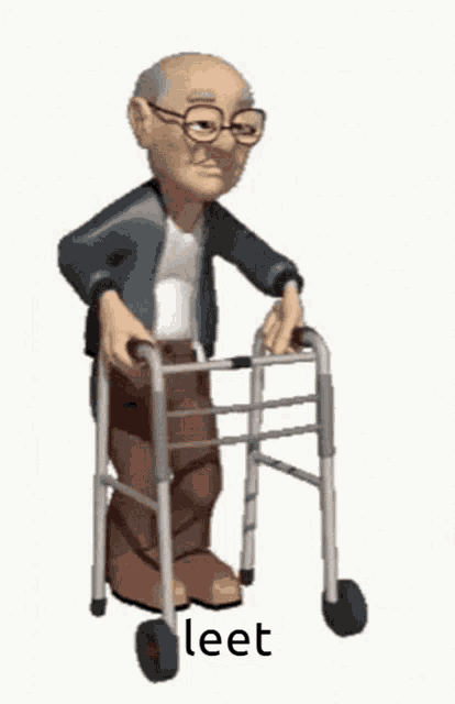 an elderly man is walking with a walker and the word leet is on the bottom of the image .