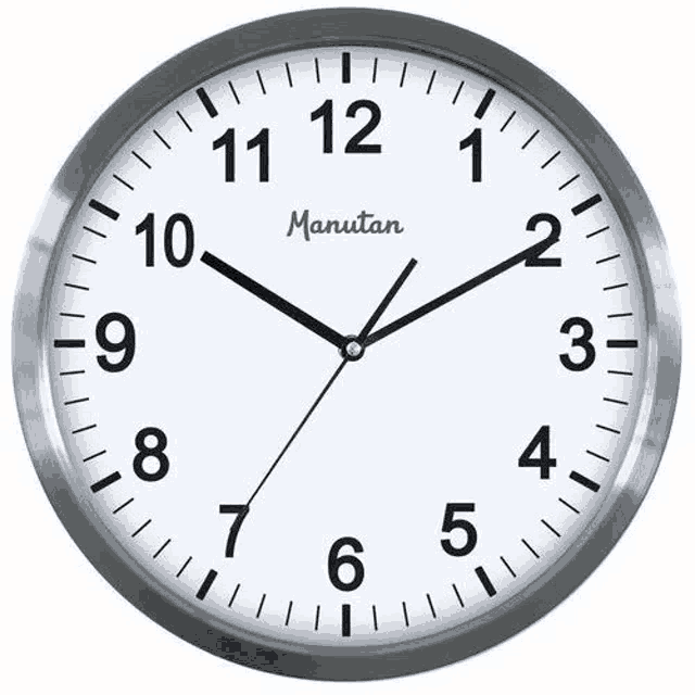 a manutan wall clock with a silver frame on a white background