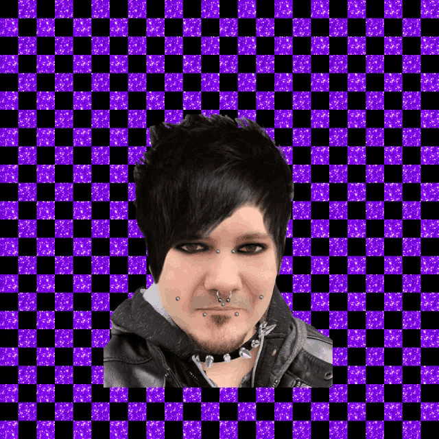 a purple and black checkered background with a man in the middle