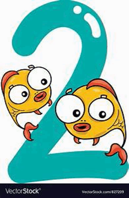 a cartoon illustration of a number two with two fish in front of it .