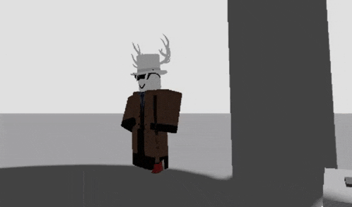 a roblox character with antlers on his head is standing next to a tree .