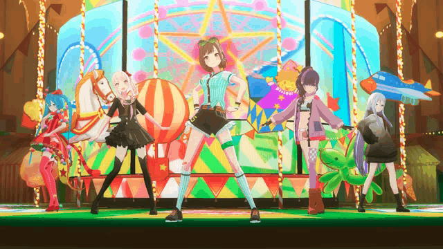 a group of anime girls are dancing in front of a colorful background