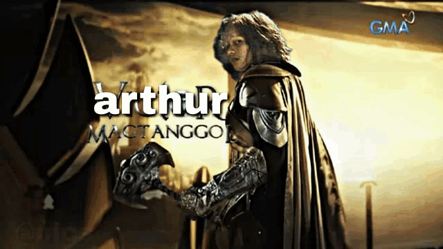 an advertisement for arthur mactanggol shows a woman in armor