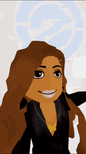 a cartoon girl with long brown hair and a yellow butterfly necklace