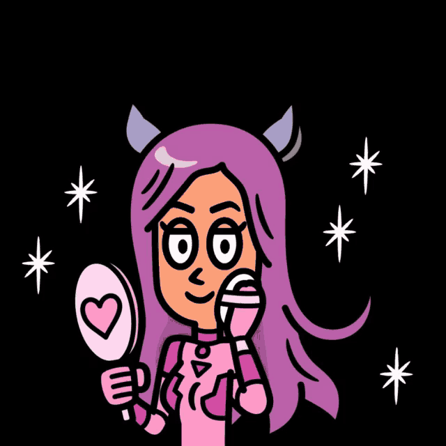 a cartoon drawing of a girl with purple hair holding a mirror