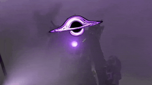 a black hole with a purple light coming out of it is surrounded by purple smoke .