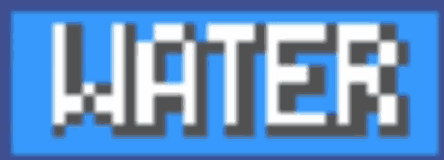 the word water is written in a pixel art style on a blue background .