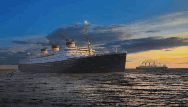 a painting of a large cruise ship in the ocean with a sunset in the background