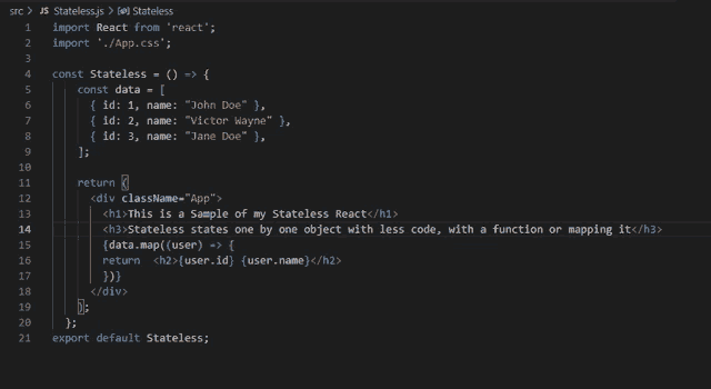 a screenshot of a program that says ' export default stateless ' at the top