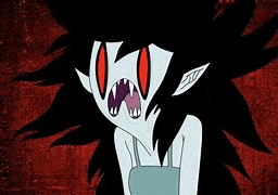 a close up of a cartoon character with black hair and red eyes .