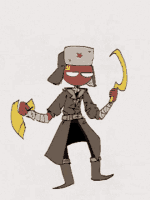 a cartoon of a russian soldier holding a sickle and axe .