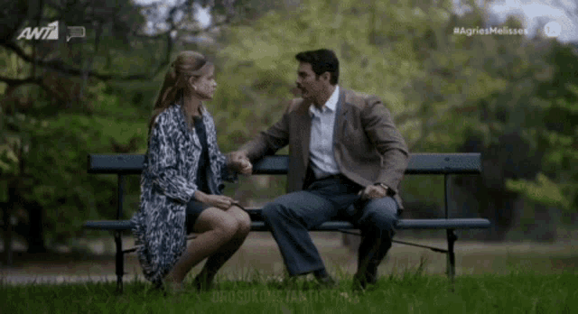 a man and a woman are sitting on a park bench holding hands with the letters avta visible in the corner