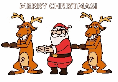 a cartoon of santa claus and two reindeer standing next to each other and talking on their phones .