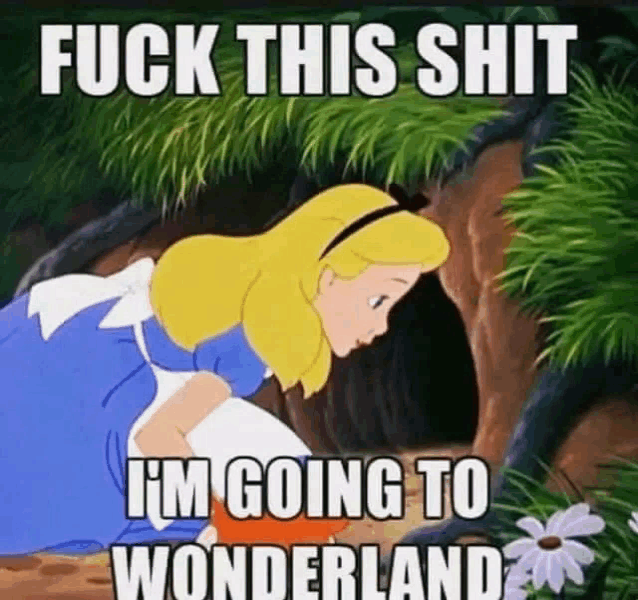 alice from alice in wonderland is looking at a flower in a hole .