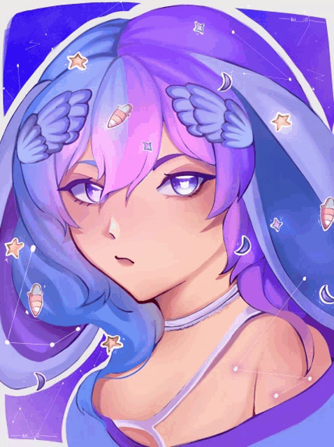 a drawing of a girl with blue and purple hair and stars